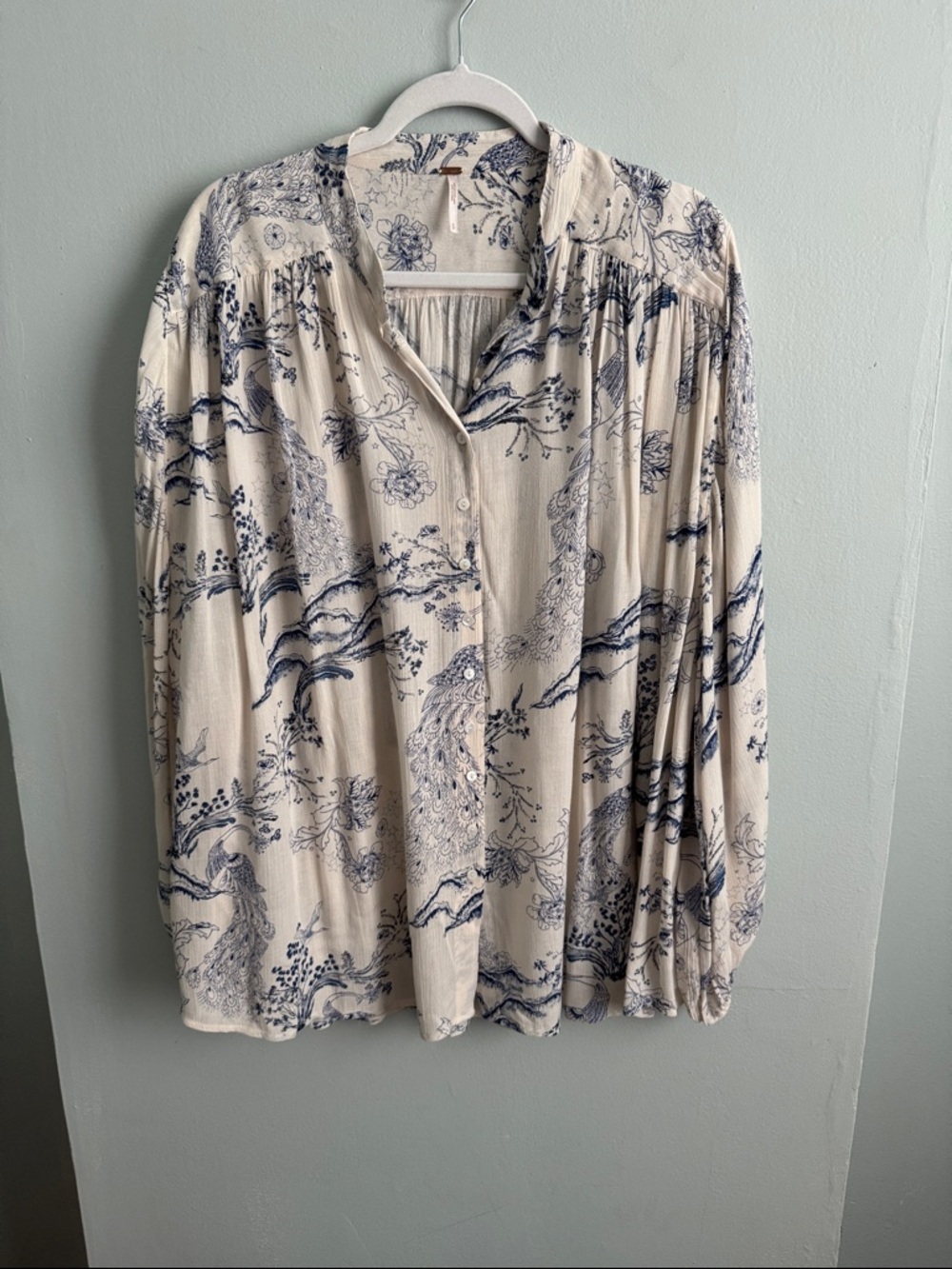 Free People Cream Blouse with Navy Scenic Print
